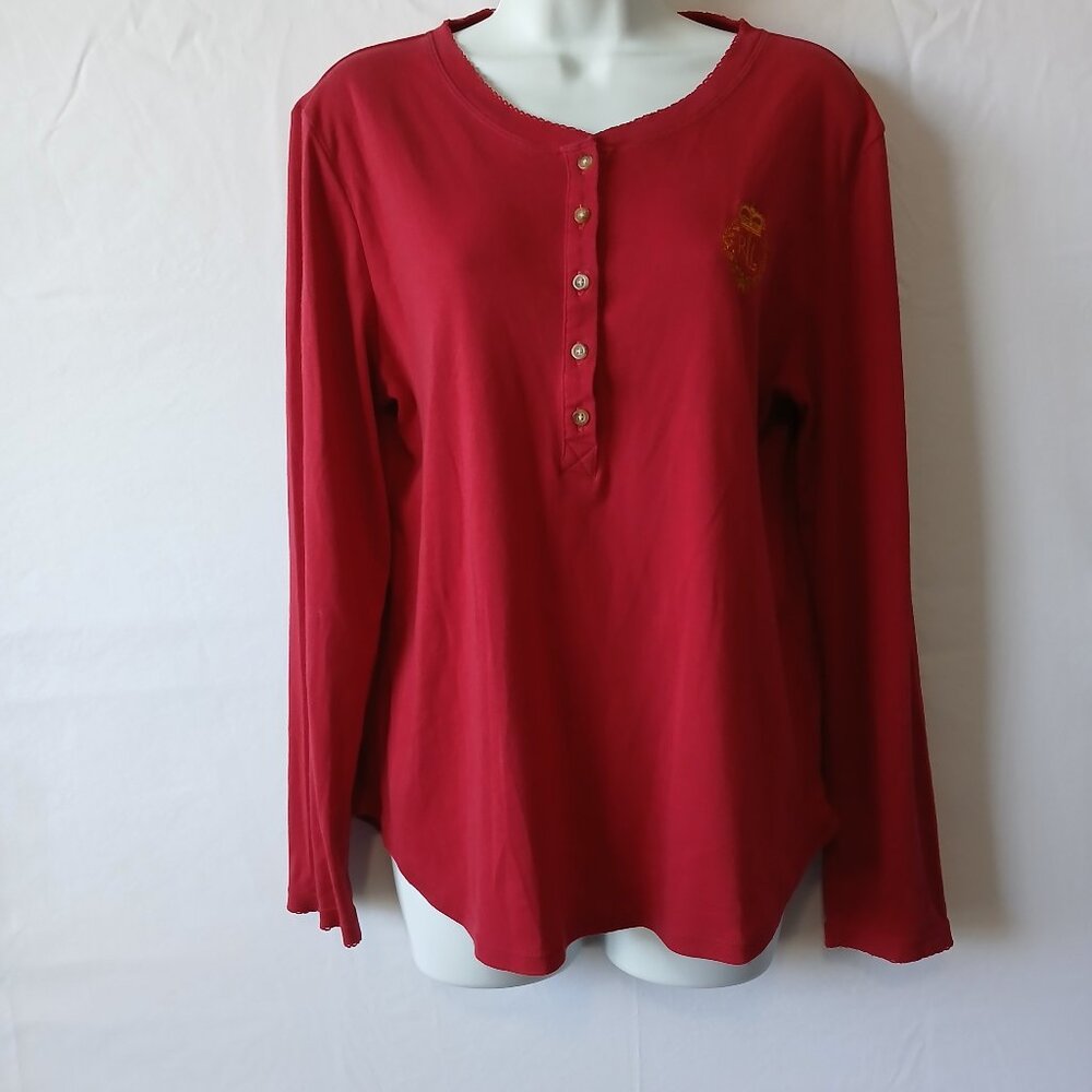 Lauren Ralph Lauren red top henley crest sz L preppy‎ classic academia Casual